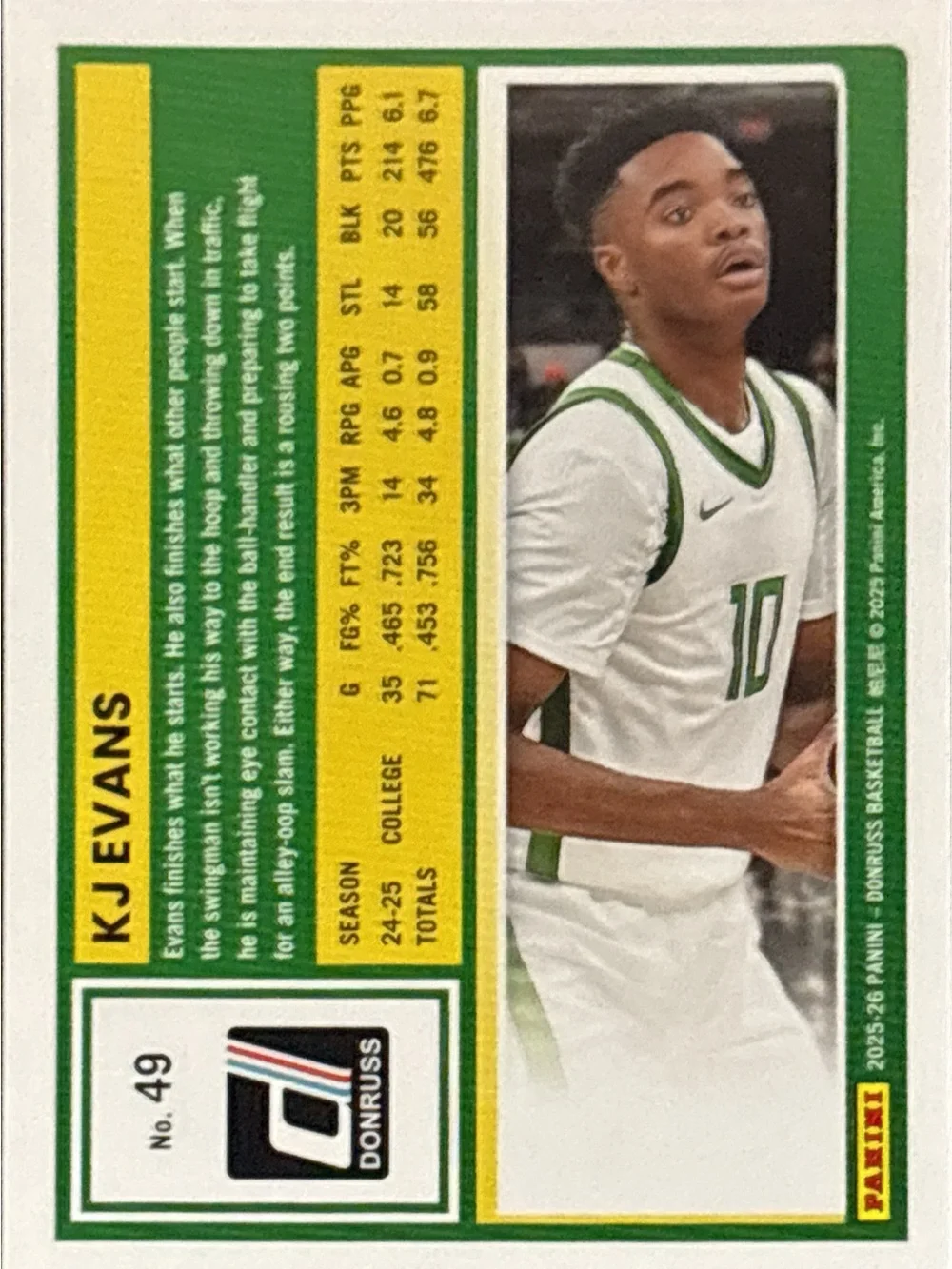 Panini Donruss Rated Prospect K J Evans Basketball Card
